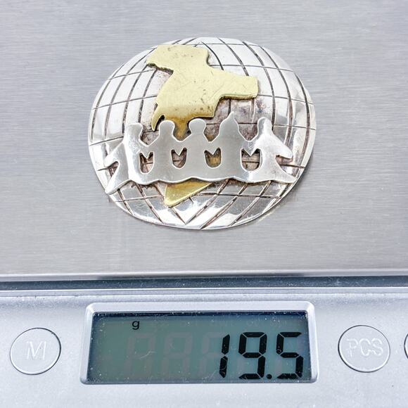 Vintage Sterling Silver 925 Mixed Metals Globe Unity Brooch Pin - Picture 6 of 7